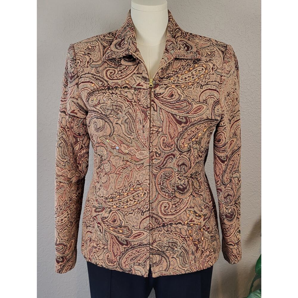 Vintage ELLEN FIGG Brown Paisley Midweight Embellished Tapestry Coat - Size L